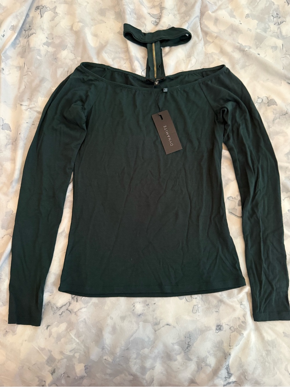 Dynamite Off-Shoulder Long Sleeve Top with Choker - Dark Green XS